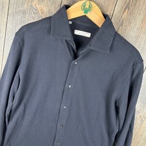 Luca Faloni Siena Piquet Button Up Shirt Men 40 15.75 Black Cotton Made in Italy